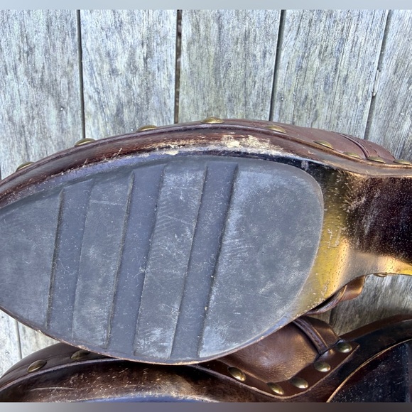 Coach Brown Leather Platform Mules with brass studs and accents. - Picture 11 of 15